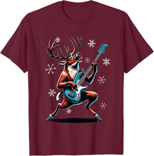 Rock & Roll Reindeer Bass-Guitar Bassist Christmas T-Shirt - T-Shirt | Maroon