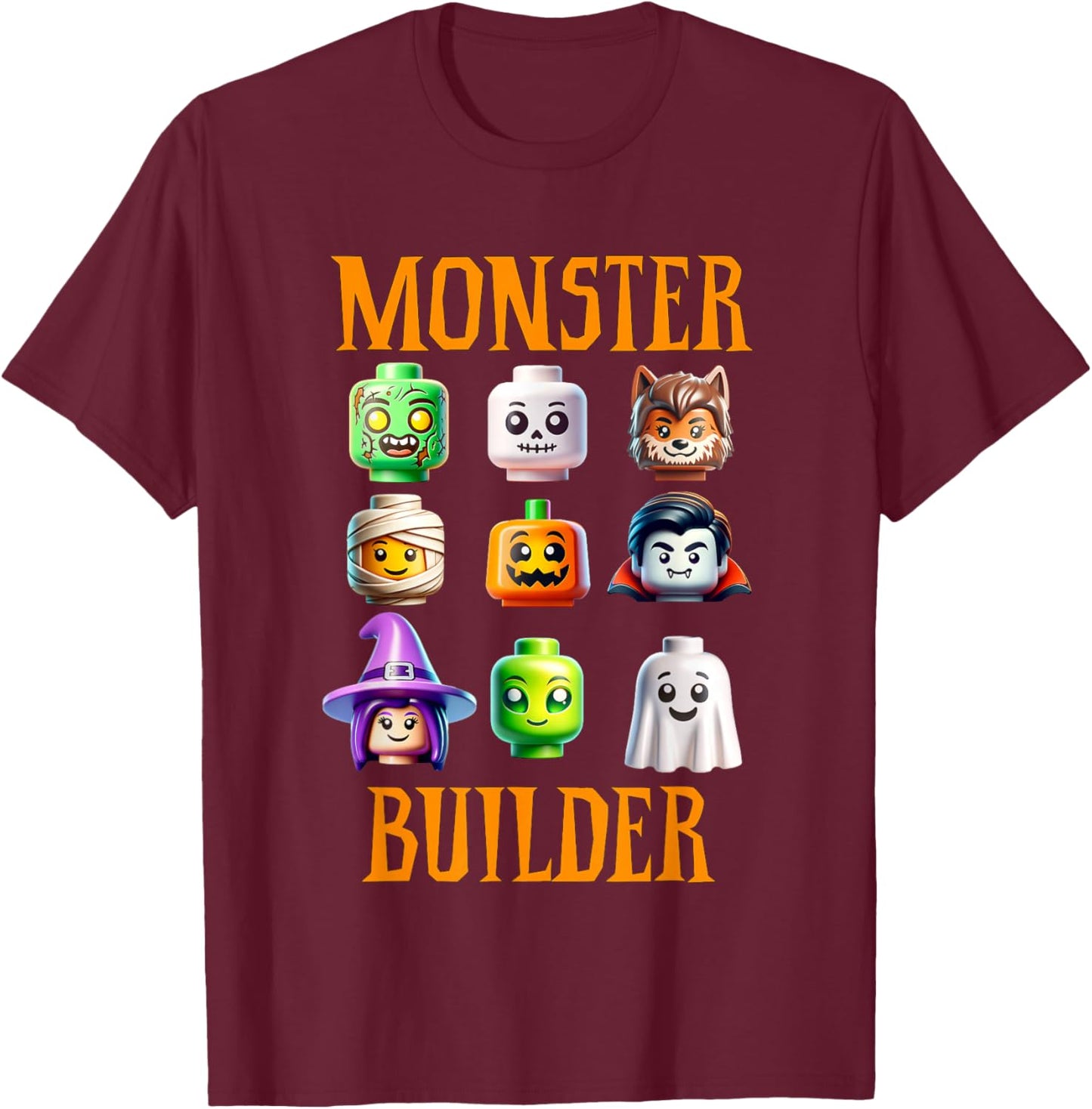 Halloween Buillding Brick Head Monster Builder Boys Kids T-Shirt - T-Shirt | Maroon