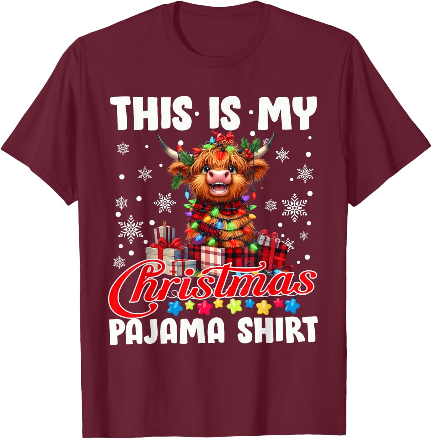 This Is My Christmas Pajama Santa Highland Cow Christmas T-Shirt - T-Shirt | Maroon