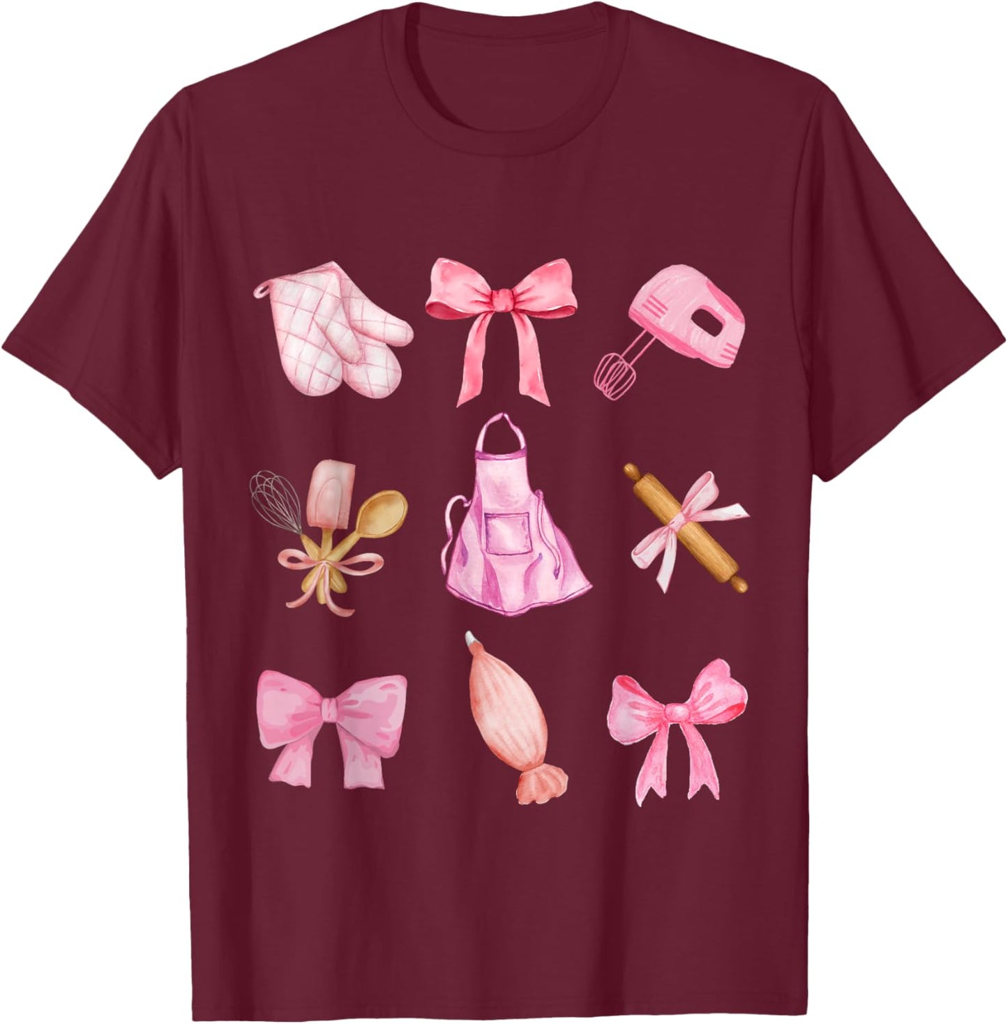 Cute Baking Pink Bow Y2k aesthetic Pink Coquette Girly Baker T-Shirt - T-Shirt | Maroon