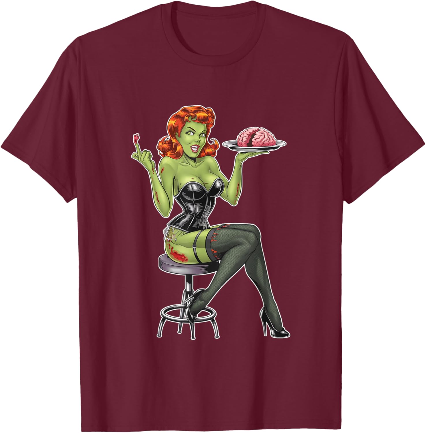 Retro Zombie Pin Up Girl Burlesque Vintage Horror Halloween T-Shirt - T-Shirt | Maroon