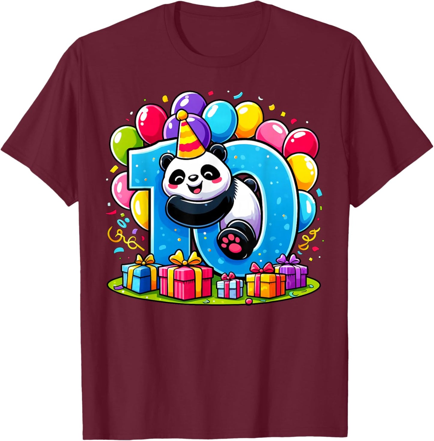 Kids Panda Theme tenth Bday Party 10th Panda Birthday T-Shirt - T-Shirt | Maroon