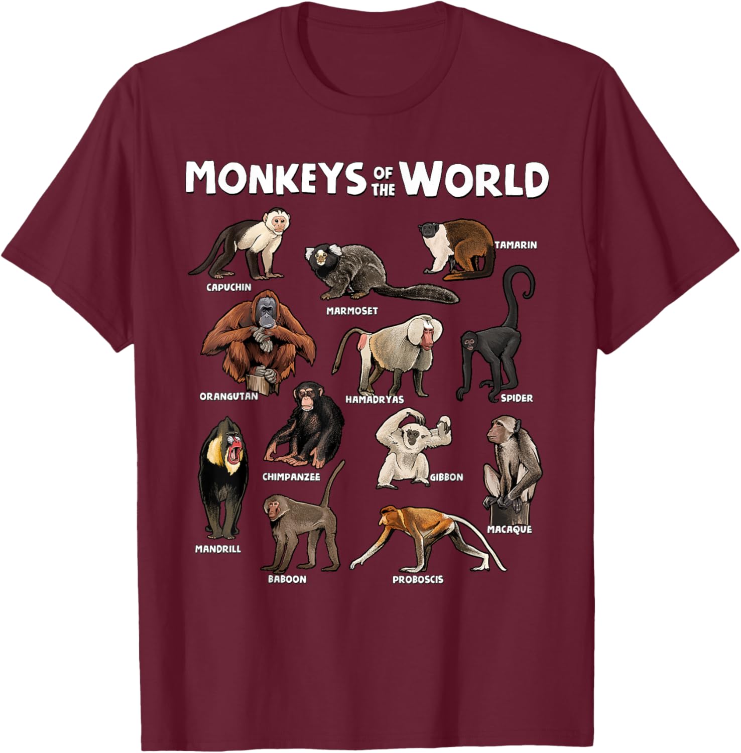 Monkeys of the World Realistic Animal Species Design T-Shirt - T-Shirt | Maroon