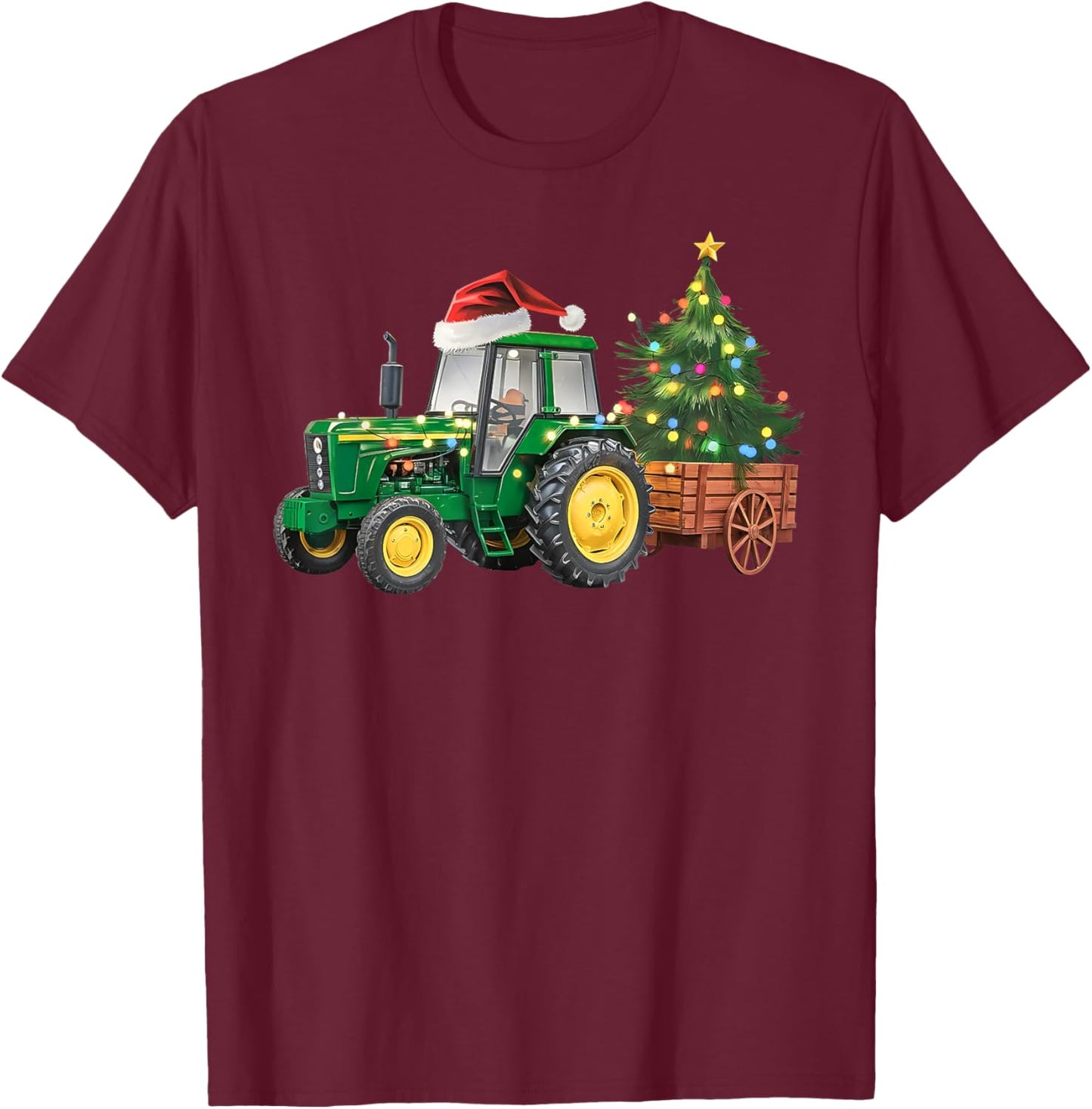 Christmas Farm Tractor Tree Lights Santa Hat Xmas Farmer T-Shirt - T-Shirt | Maroon