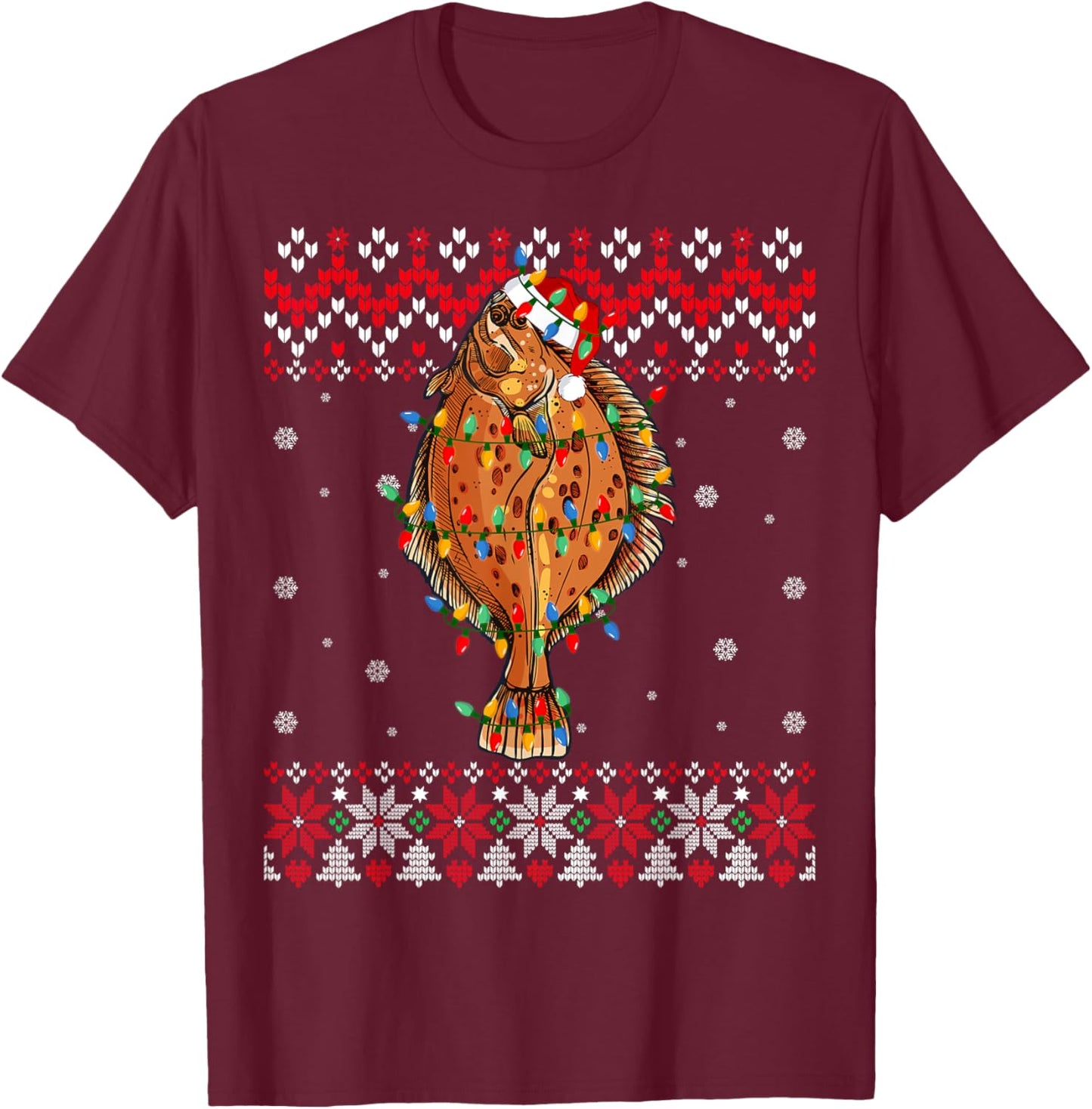 Flounder Fish Santa Hat Men Women Kids Ugly Christmas Light T-Shirt - T-Shirt | Maroon