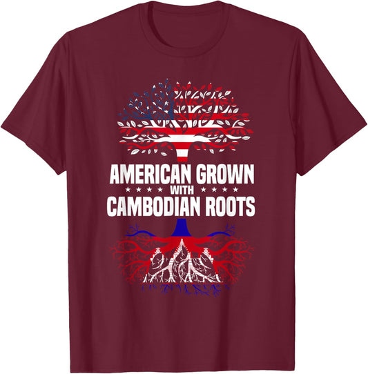 American Grown With Cambodian Roots America Cambodia Flag T-Shirt - T-Shirt | Maroon