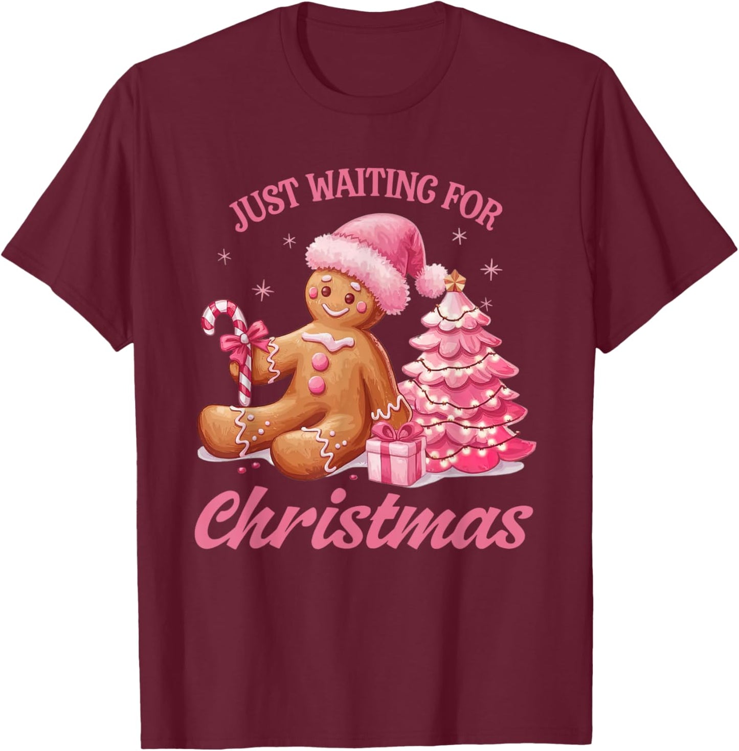 Cute Preppy Pink Gingerbread Man Candy Canes Christmas Tree T-Shirt - T-Shirt | Maroon