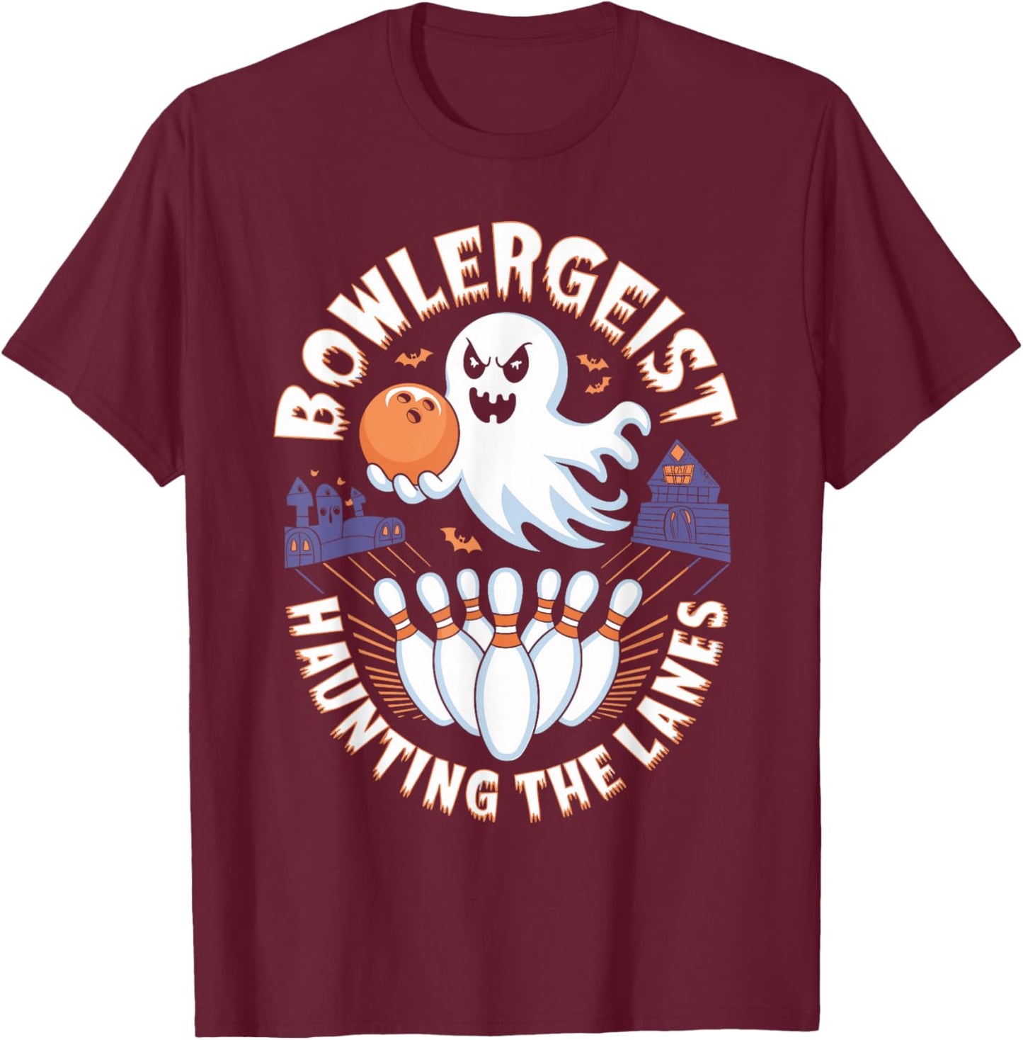 Bowlergeist Haunting the Lanes Halloween Bowling T-Shirt - T-Shirt | Maroon