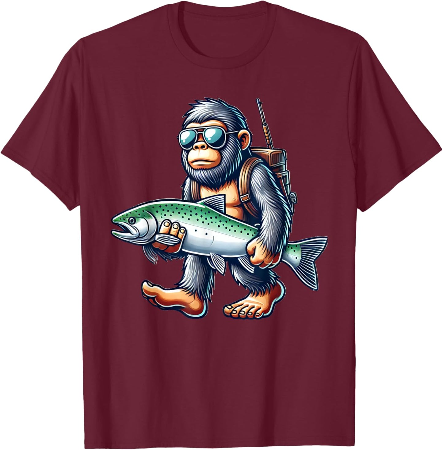 Fishing Bigfoot Lover Gift Co. Steelhead Fishing Bigfoot Trout River -Adults & Kids , Black, Small, Short Sleeve T-Shirt - T-Shirt | Maroon