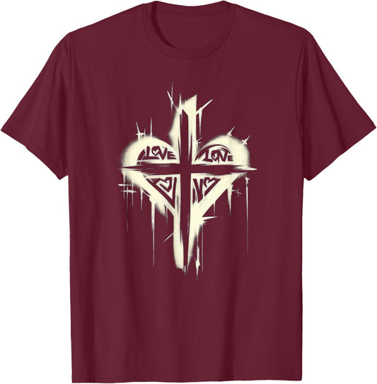 Edgy Punk Art Christian Love Cross Graffiti Graphic Design T-Shirt - T-Shirt | Maroon