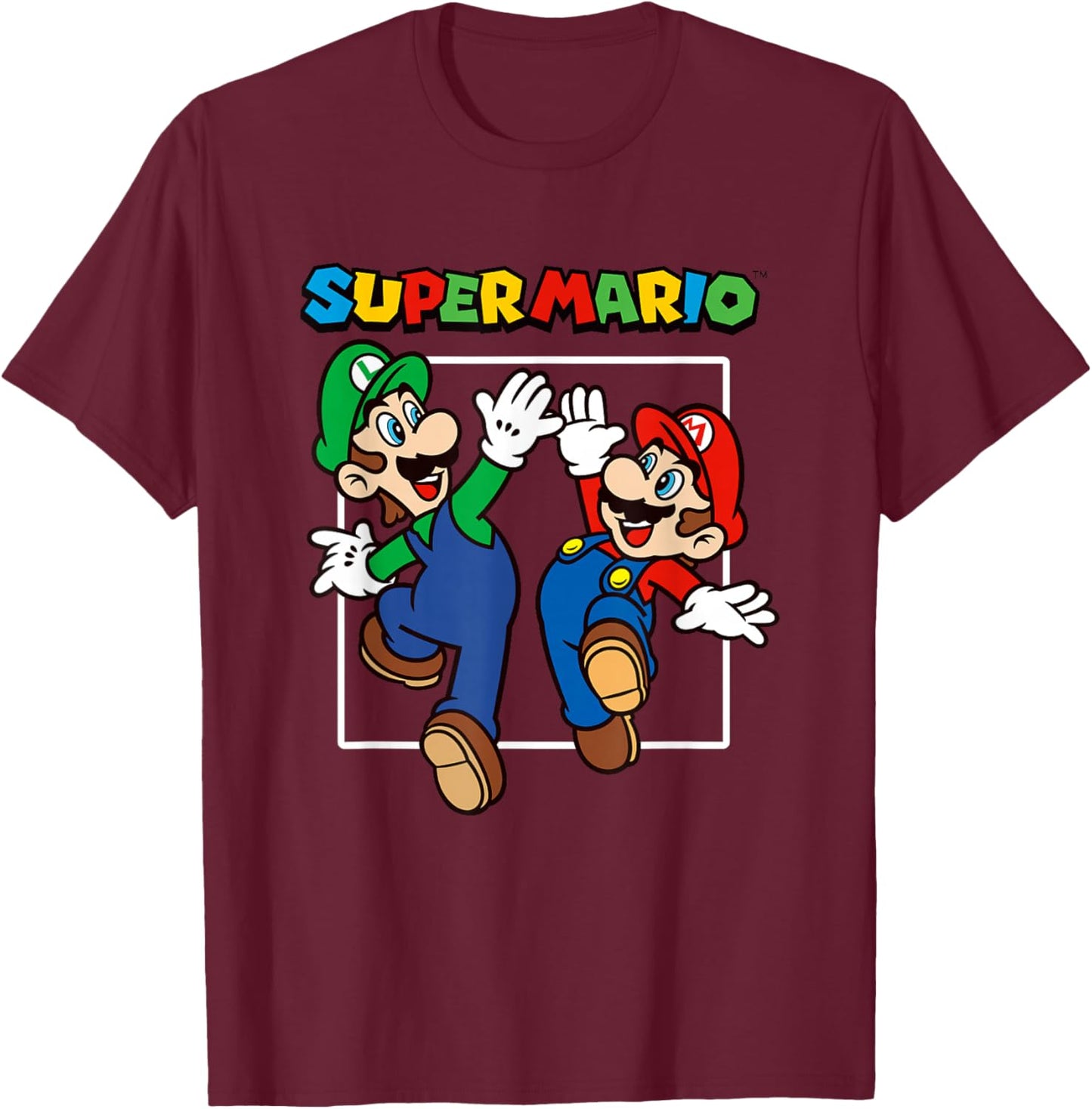Super Mario Bros Big Jump High Five Retro Portrait T-Shirt - T-Shirt | Maroon