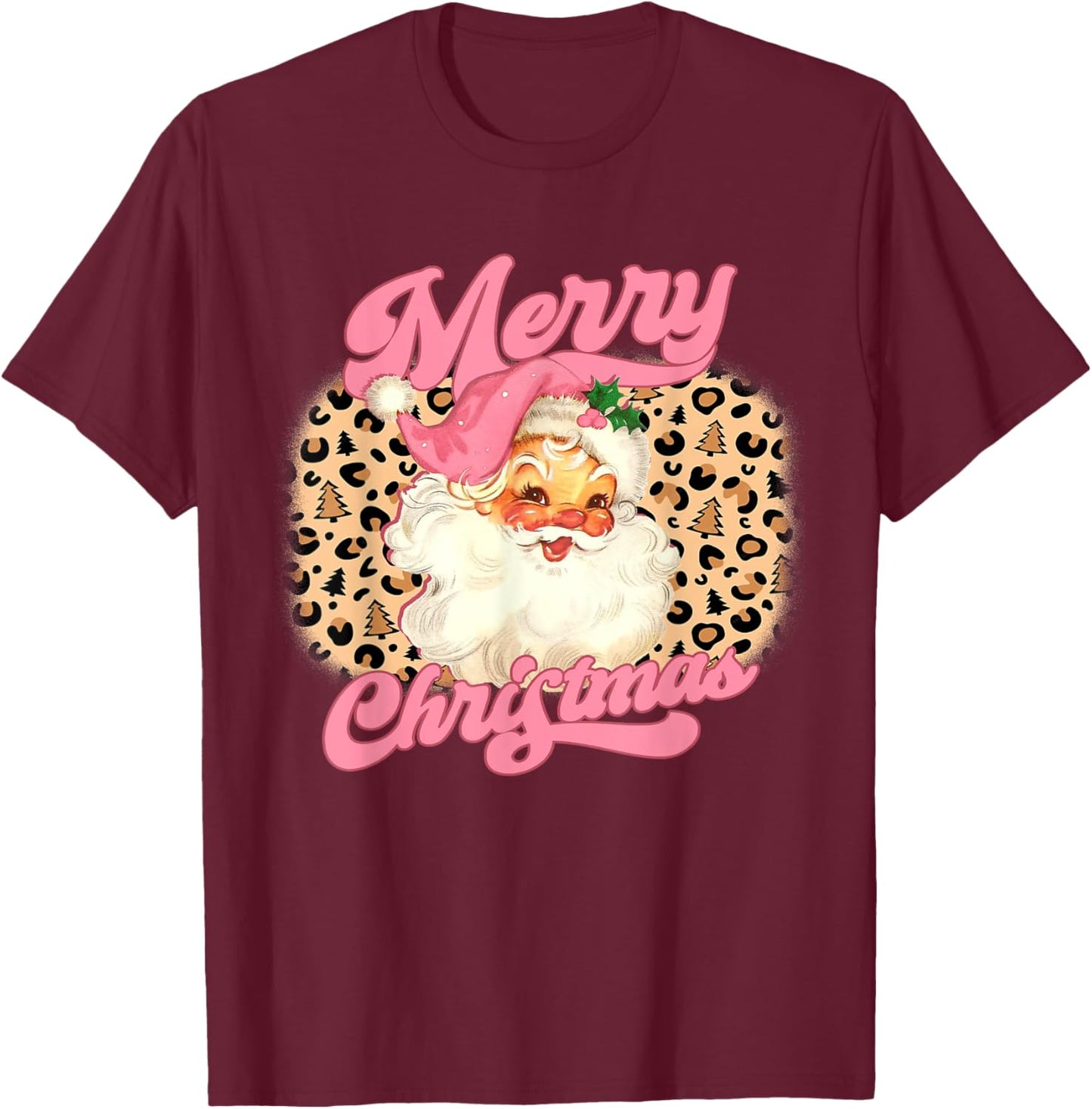Merry Christmas Pink Santa Claus Leopard Print Women Girls T-Shirt - T-Shirt | Maroon