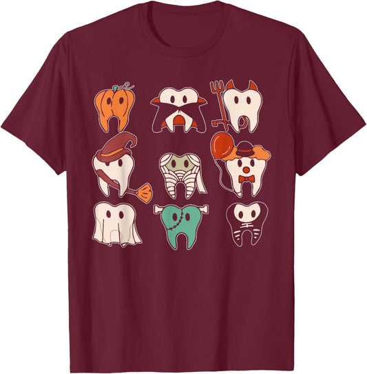 Funny Halloween Teeth Ghost Dentist Dental Squad Men Women T-Shirt - T-Shirt | Maroon