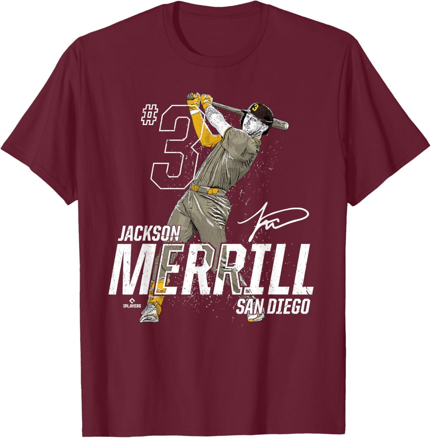 Dynamic Pose Jackson Merrill San Diego Baseball MLBPA T-Shirt - T-Shirt | Maroon