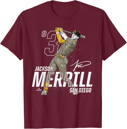 Dynamic Pose Jackson Merrill San Diego Baseball MLBPA T-Shirt - T-Shirt | Maroon