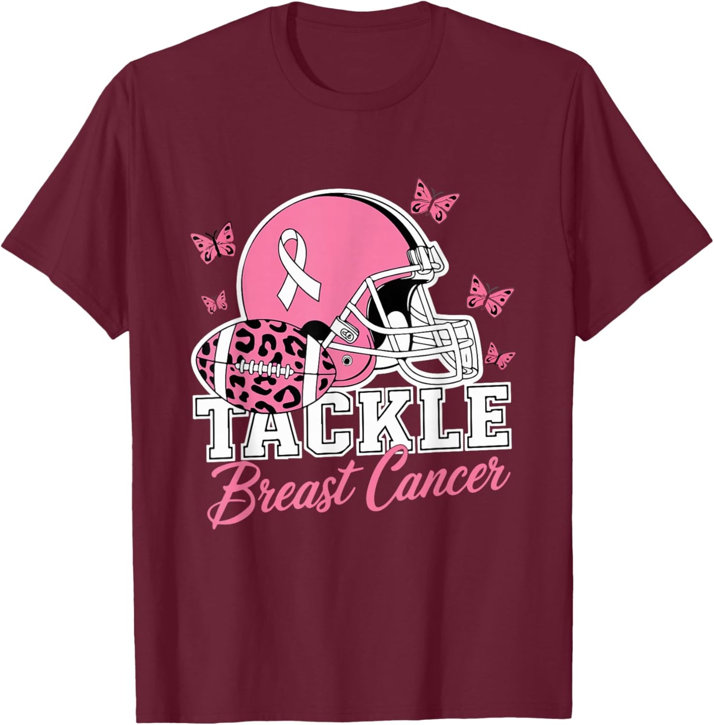 Tackle Breast Cancer Pink Ribbon American Fantasy Football T-Shirt - T-Shirt | Maroon