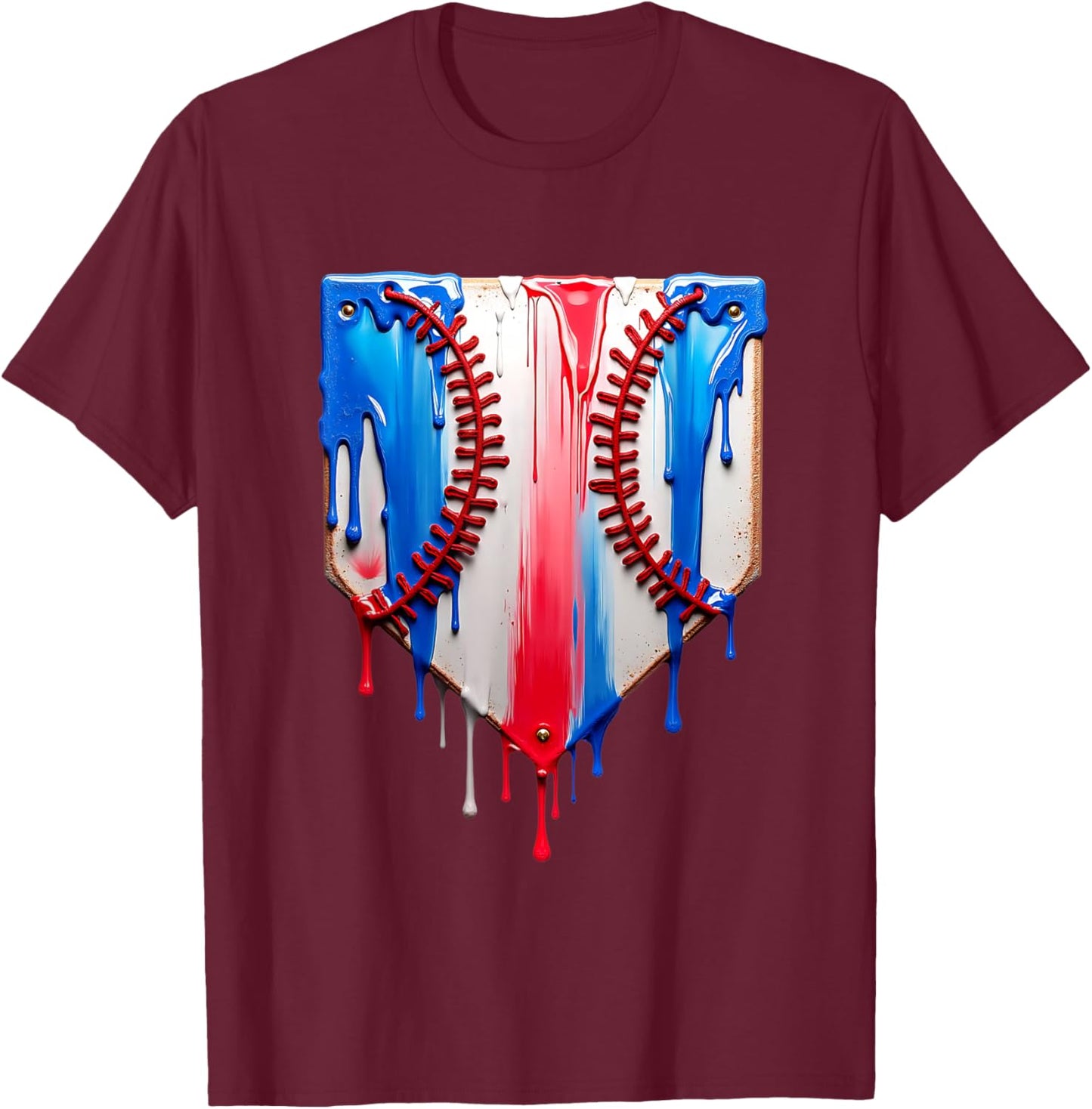 Baseball Plate Drip USA Flag Baseball Softball Drip T-Shirt - T-Shirt | Maroon