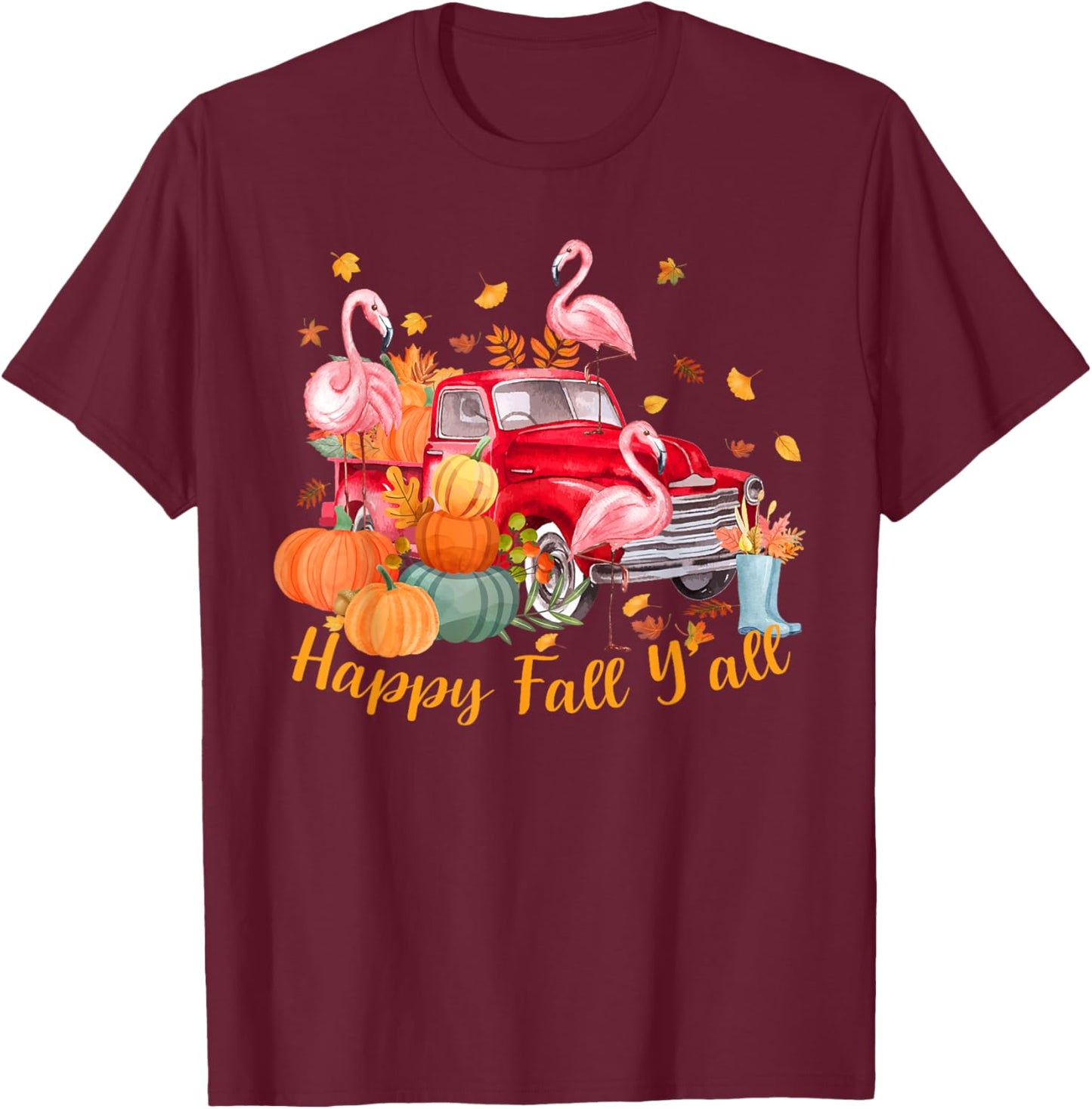 Cute Happy Fall Y'all Flamingo Pumpkin Truck Girls Kids T-Shirt - T-Shirt | Maroon
