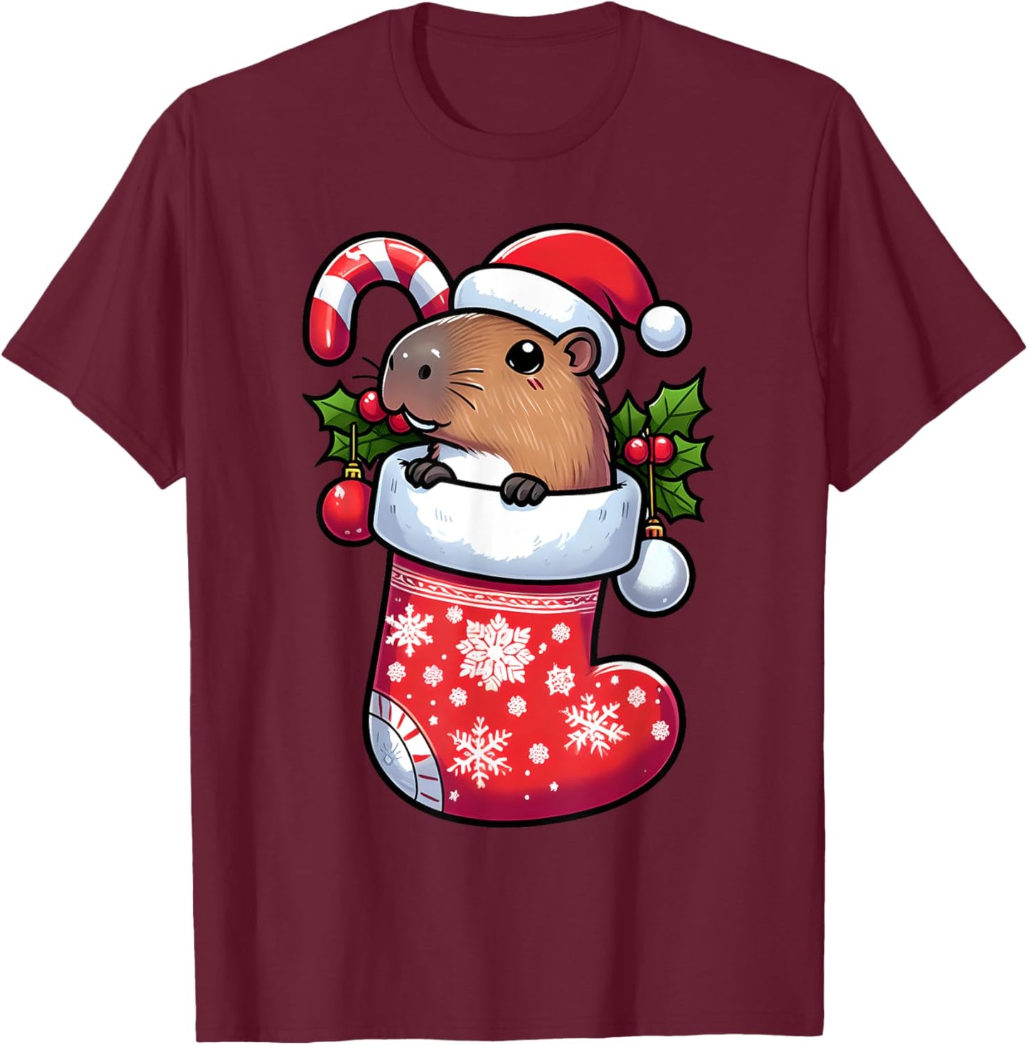 Capybara in Christmas Stocking Candy Cane Santa Hat Pajama T-Shirt - T-Shirt | Maroon