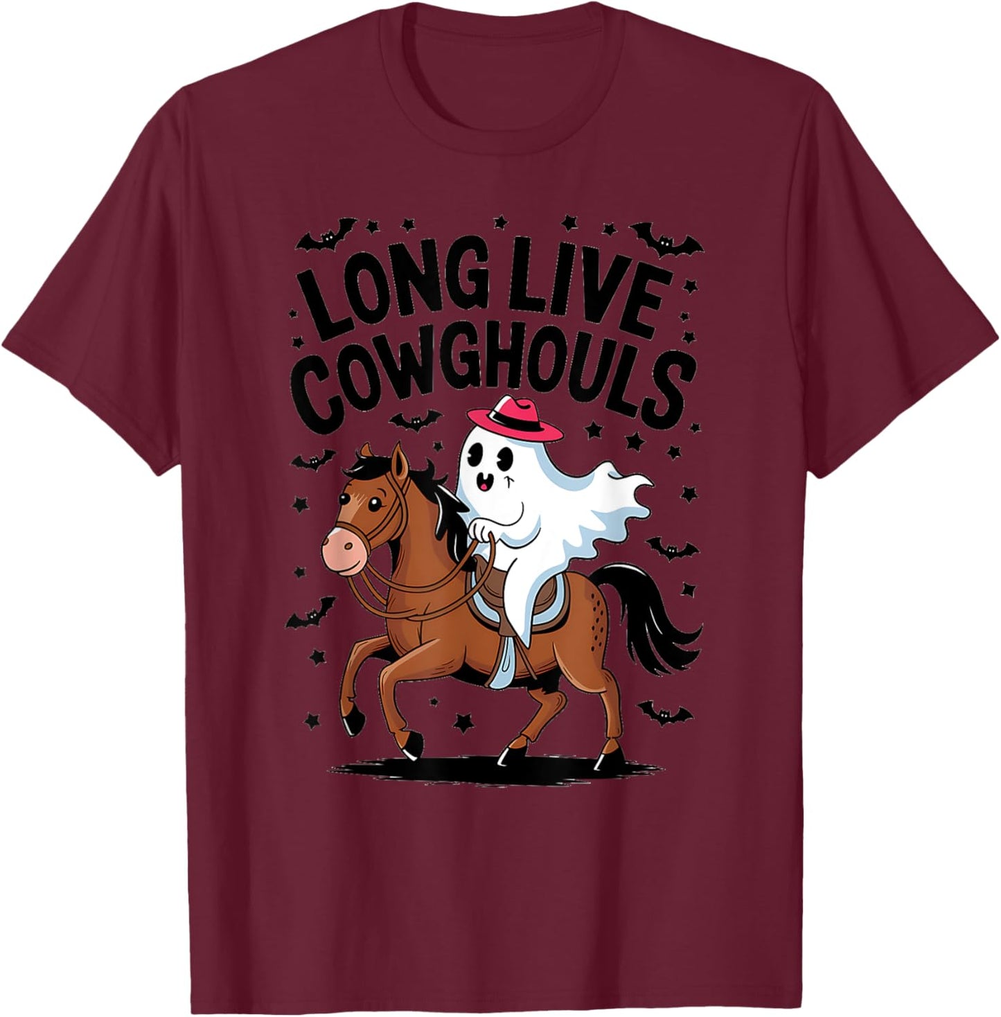 Long Live Cowghouls Spooky Cowgirl Riding Ghost Horse T-Shirt - T-Shirt | Maroon