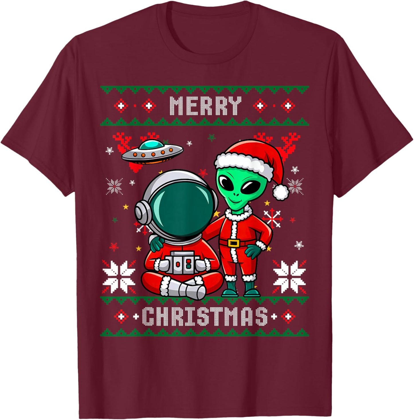 Funny Alien Santa Astronaut Merry Ugly Christmas UFO Gifts T-Shirt - T-Shirt | Maroon