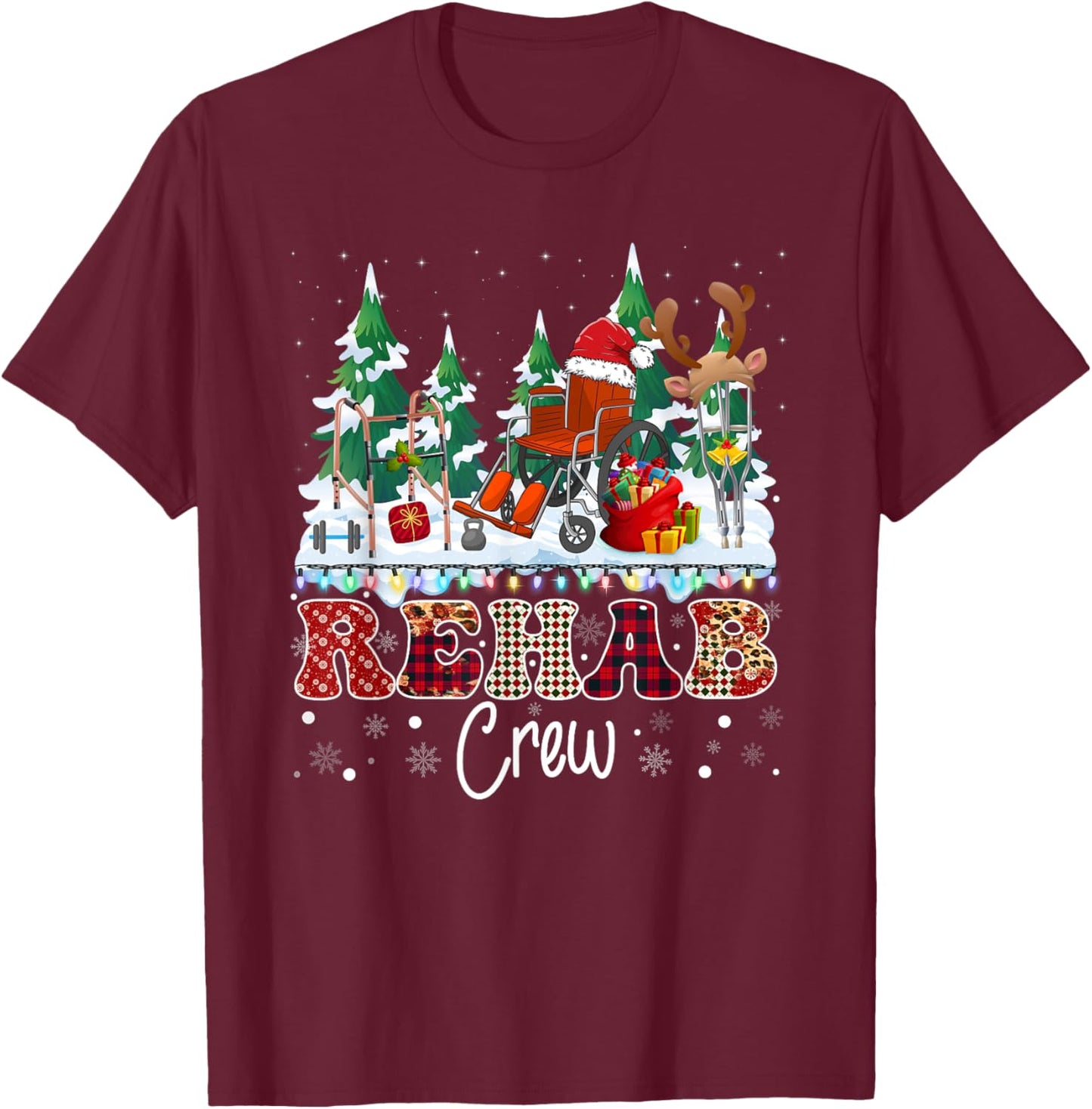 Rehab Crew Wheelchair Santa Hat Reindeer Christmas Tree T-Shirt - T-Shirt | Maroon