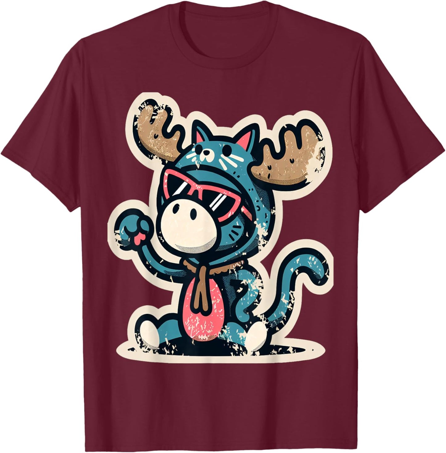 Cute Moose in Cat Costume T-Shirt - T-Shirt | Maroon