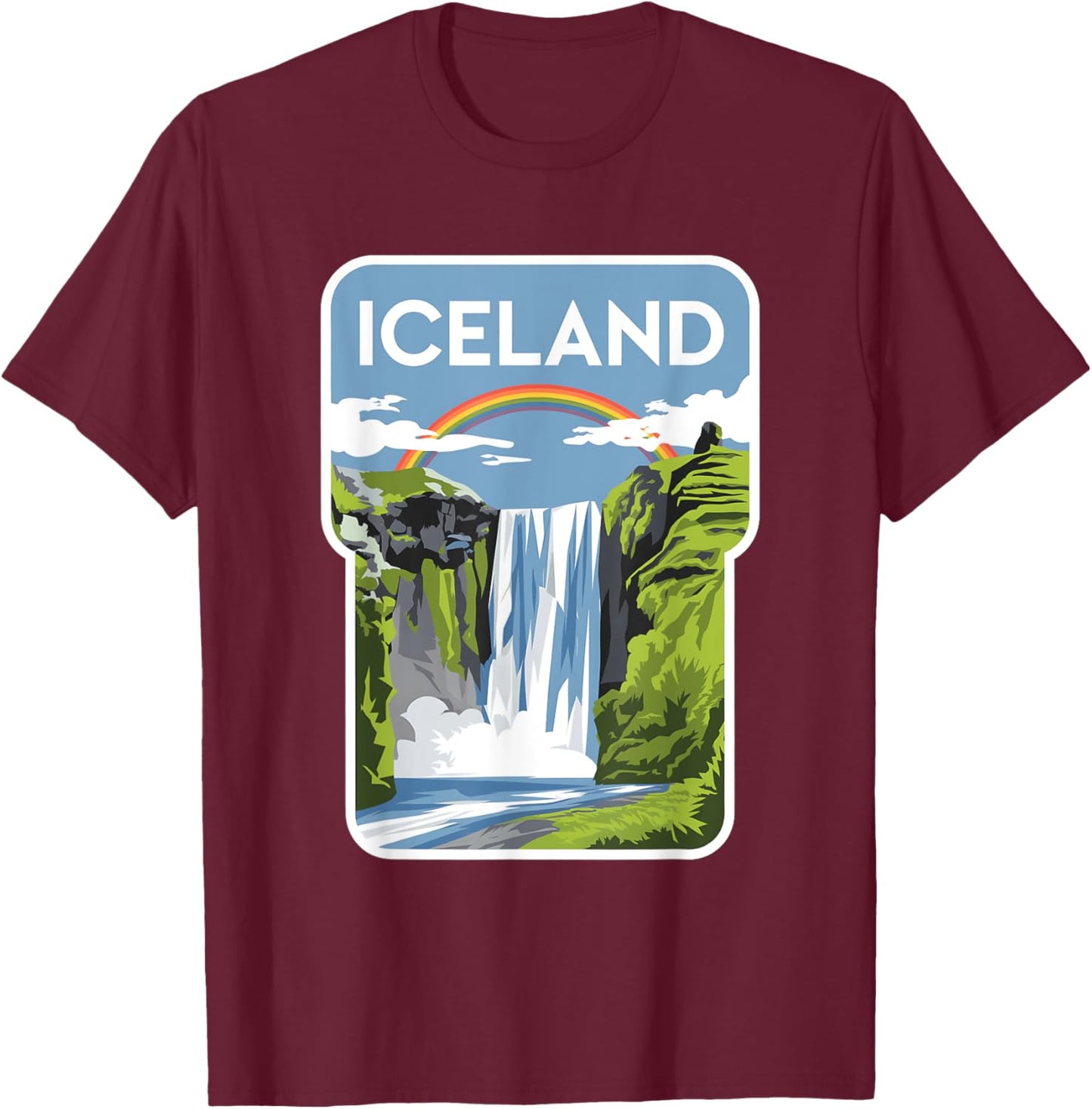 Iceland Waterfall and Rainbow Graphic for Nature Lovers T-Shirt - T-Shirt | Maroon