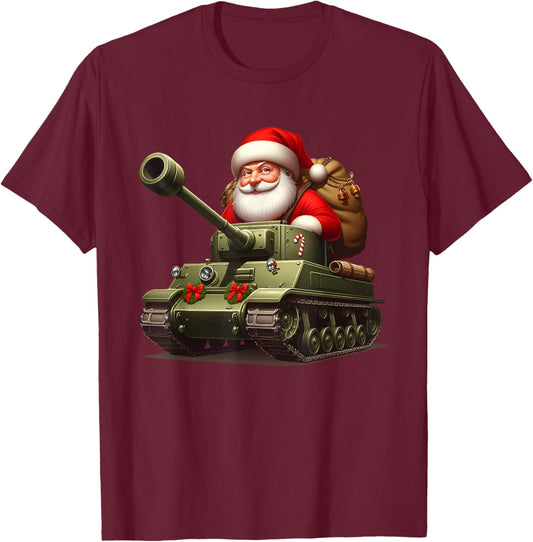 Christmas Santa On A Military Tank, Xmas Tank T-Shirt - T-Shirt | Maroon