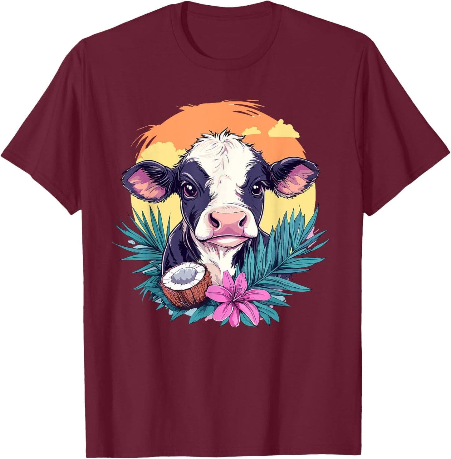 Cow And Coconut Sunset T-Shirt - T-Shirt | Maroon