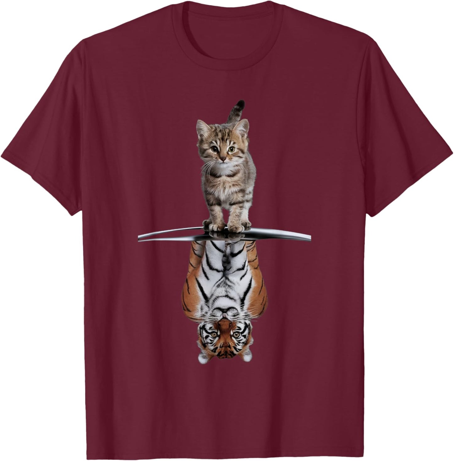 Inspiring Kitten and Tiger Reflection Motif for Cat Lovers Women Kids T-Shirt - T-Shirt | Maroon