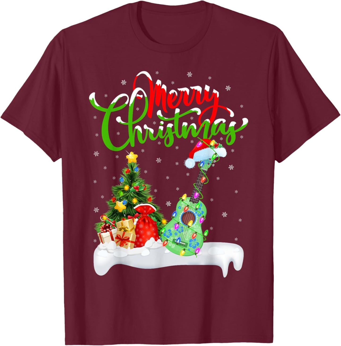 Xmas Tree Lights Santa Hat Musical Ukulele Guitar Christmas T-Shirt - T-Shirt | Maroon
