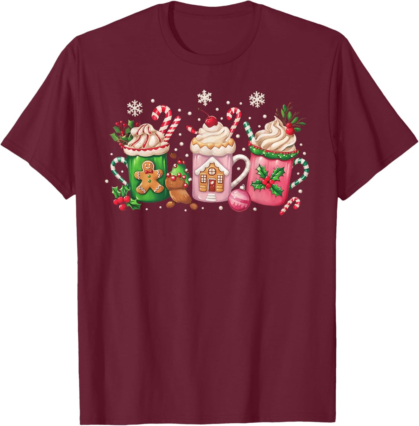 Coffee Christmas Gingerbread Pink Women Latte Cozy Winter T-Shirt - T-Shirt | Maroon