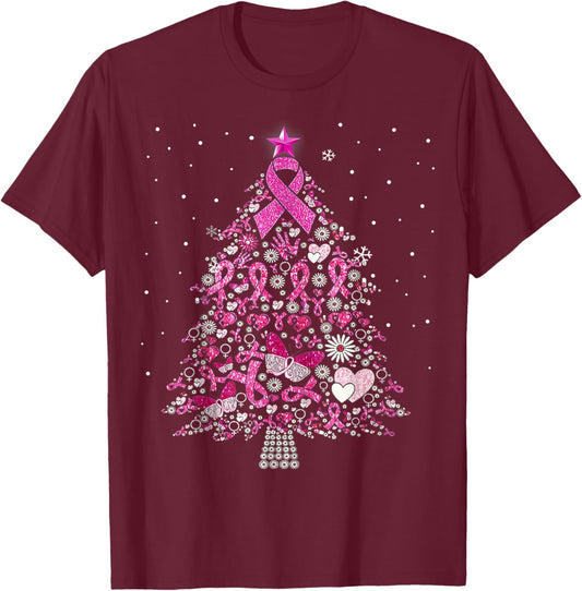 Breast Cancer Christmas Tree Snowflakes Ornament Decoration T-Shirt - T-Shirt | Maroon