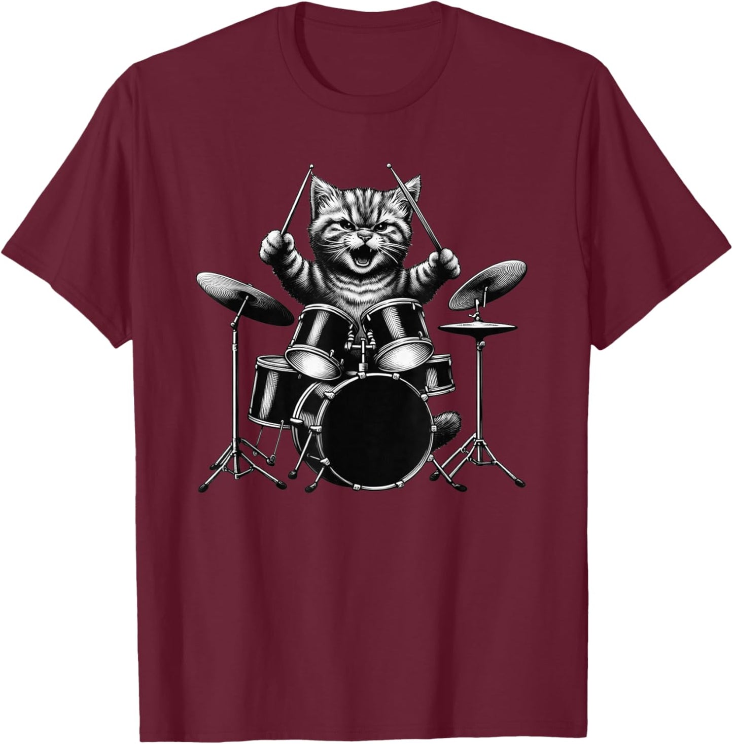 Kitten Rock Band Drummer Cat Playing Drums Drumsticks T-Shirt - T-Shirt | Maroon