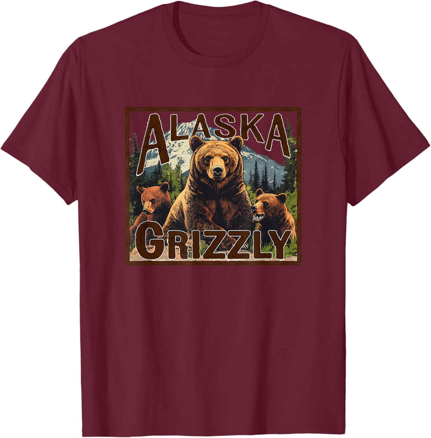 Alaska Grizzly Bear Vintage Mountain Trees Retro Souvenir T-Shirt - T-Shirt | Maroon