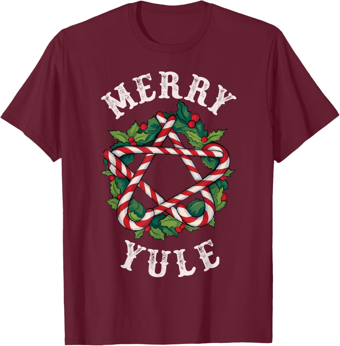 Merry Yule Winter Solstice Holly Christmas Pagan Pentagram T-Shirt - T-Shirt | Maroon