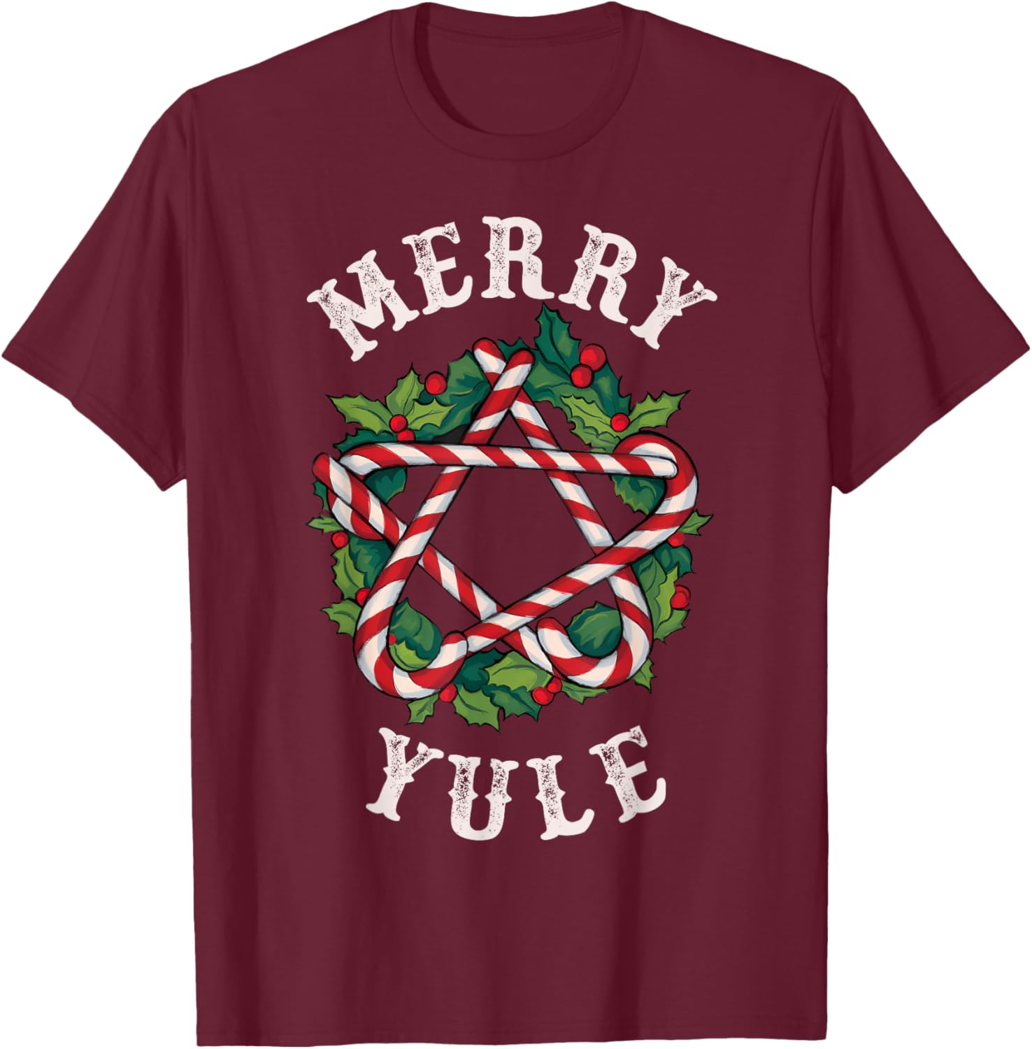 Merry Yule Winter Solstice Holly Christmas Pagan Pentagram T-Shirt - T-Shirt | Maroon