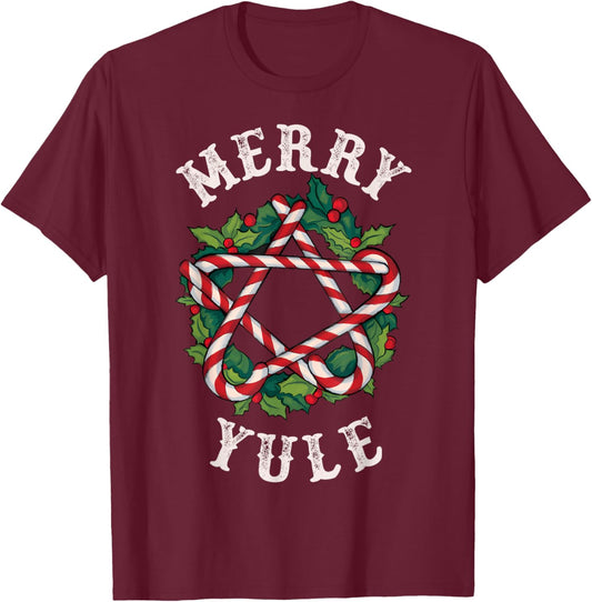 Merry Yule Winter Solstice Holly Christmas Pagan Pentagram T-Shirt - T-Shirt | Maroon