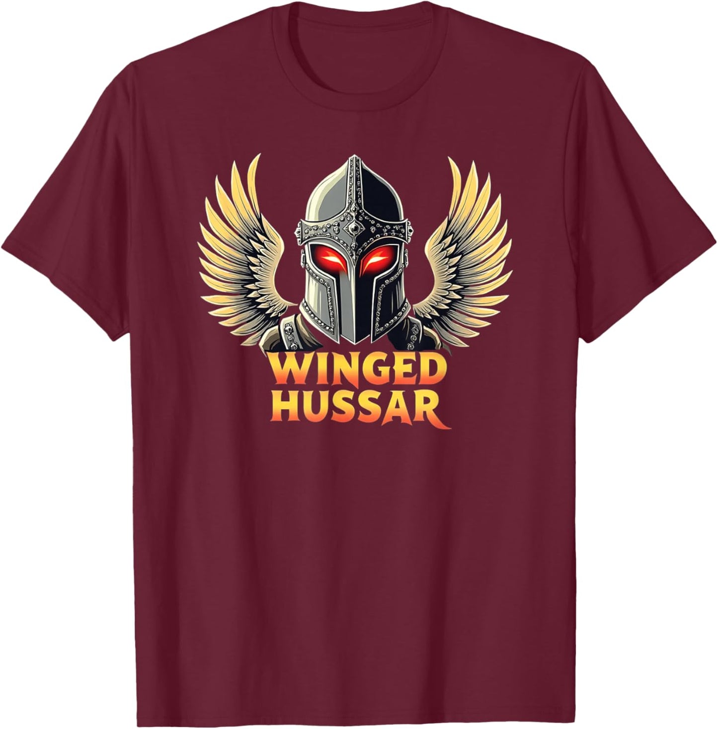 Winged Hussar - Helmet and Wings with Red Glowing Eye Slits T-Shirt - T-Shirt | Maroon