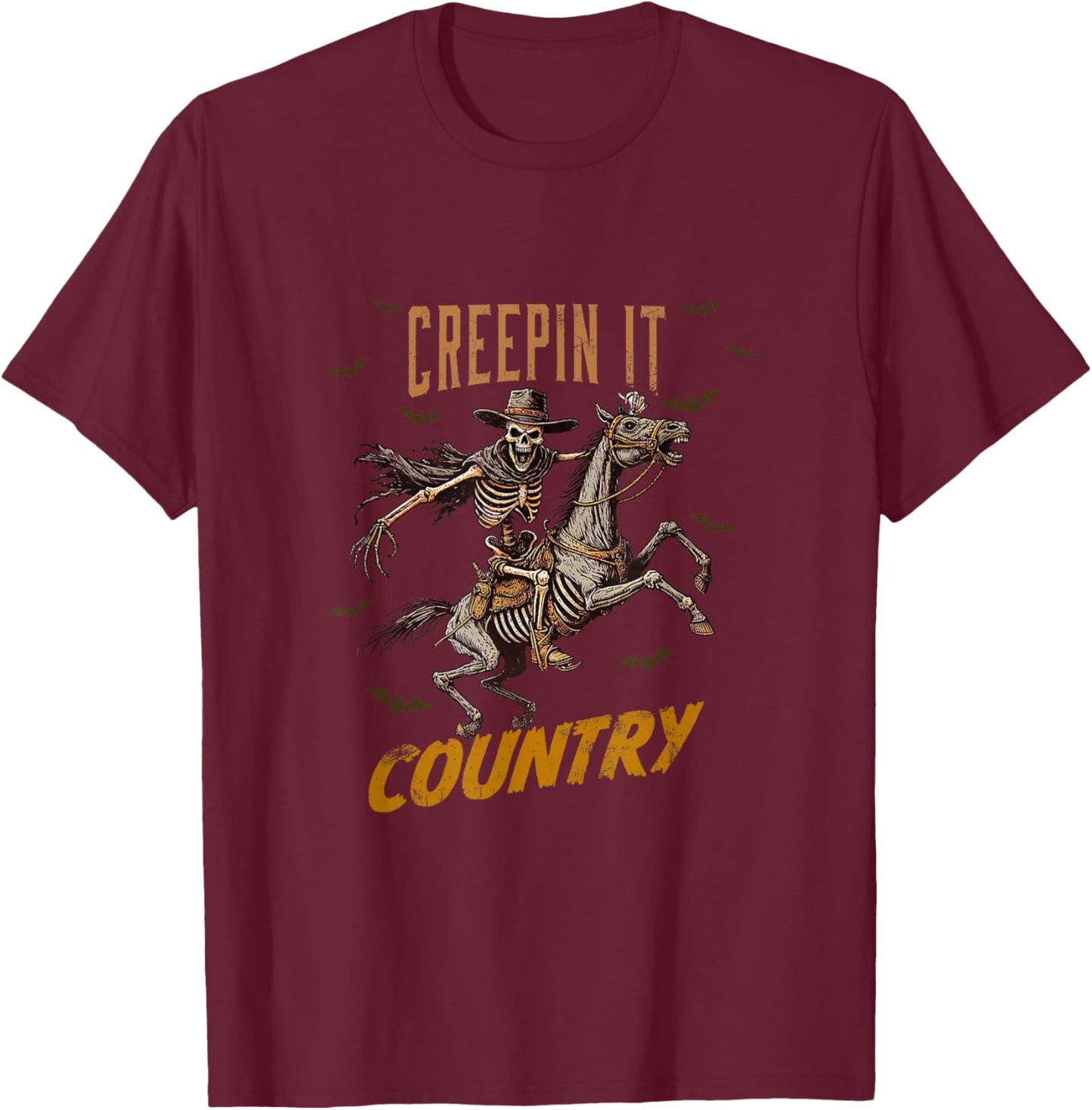 Vintage Western Funny Skeleton Halloween Creepin It Country T-Shirt - T-Shirt | Maroon