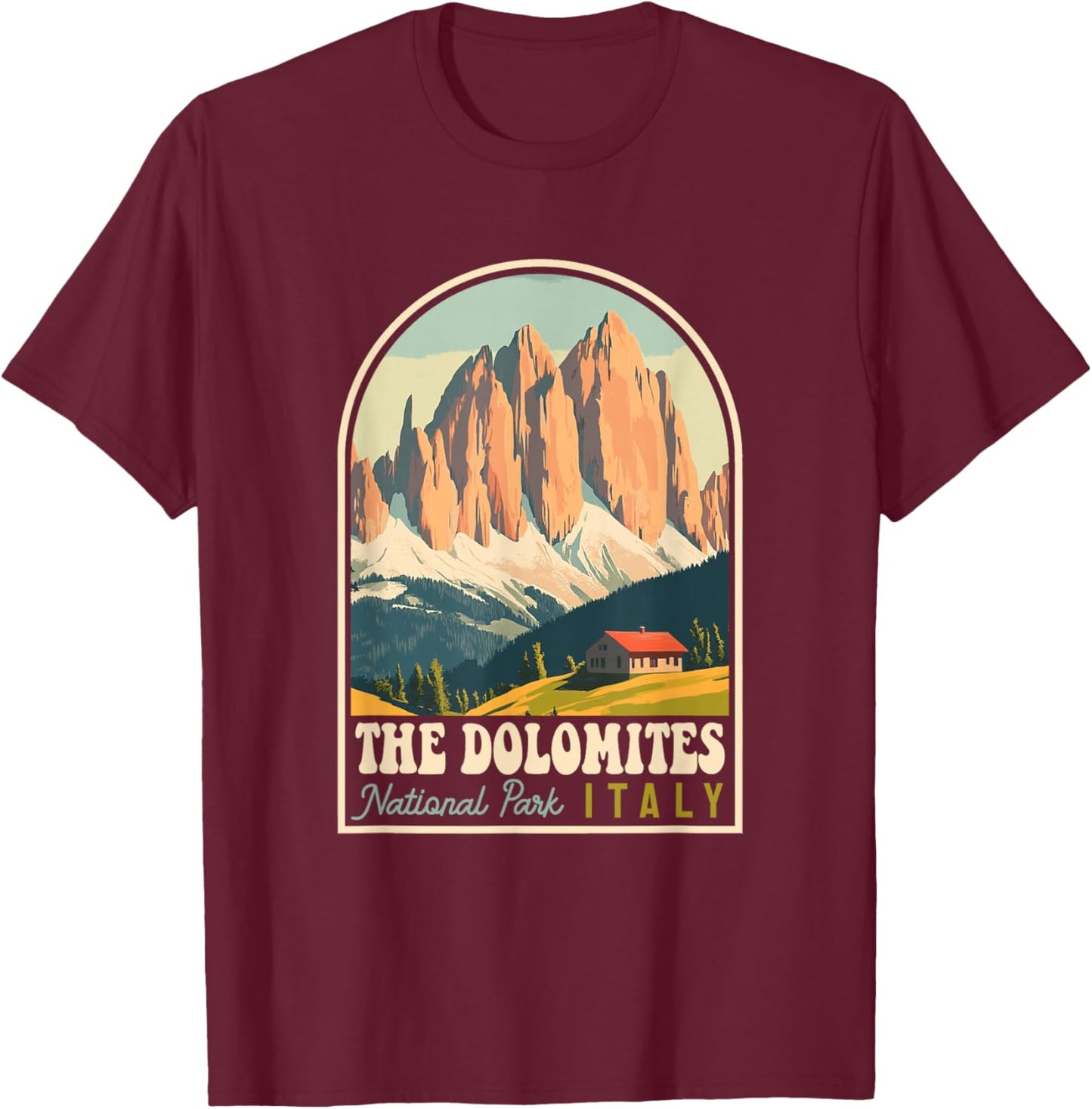 The Dolomites Italy Skiing Hiking Cycling Climbing Retro T-Shirt - T-Shirt | Maroon