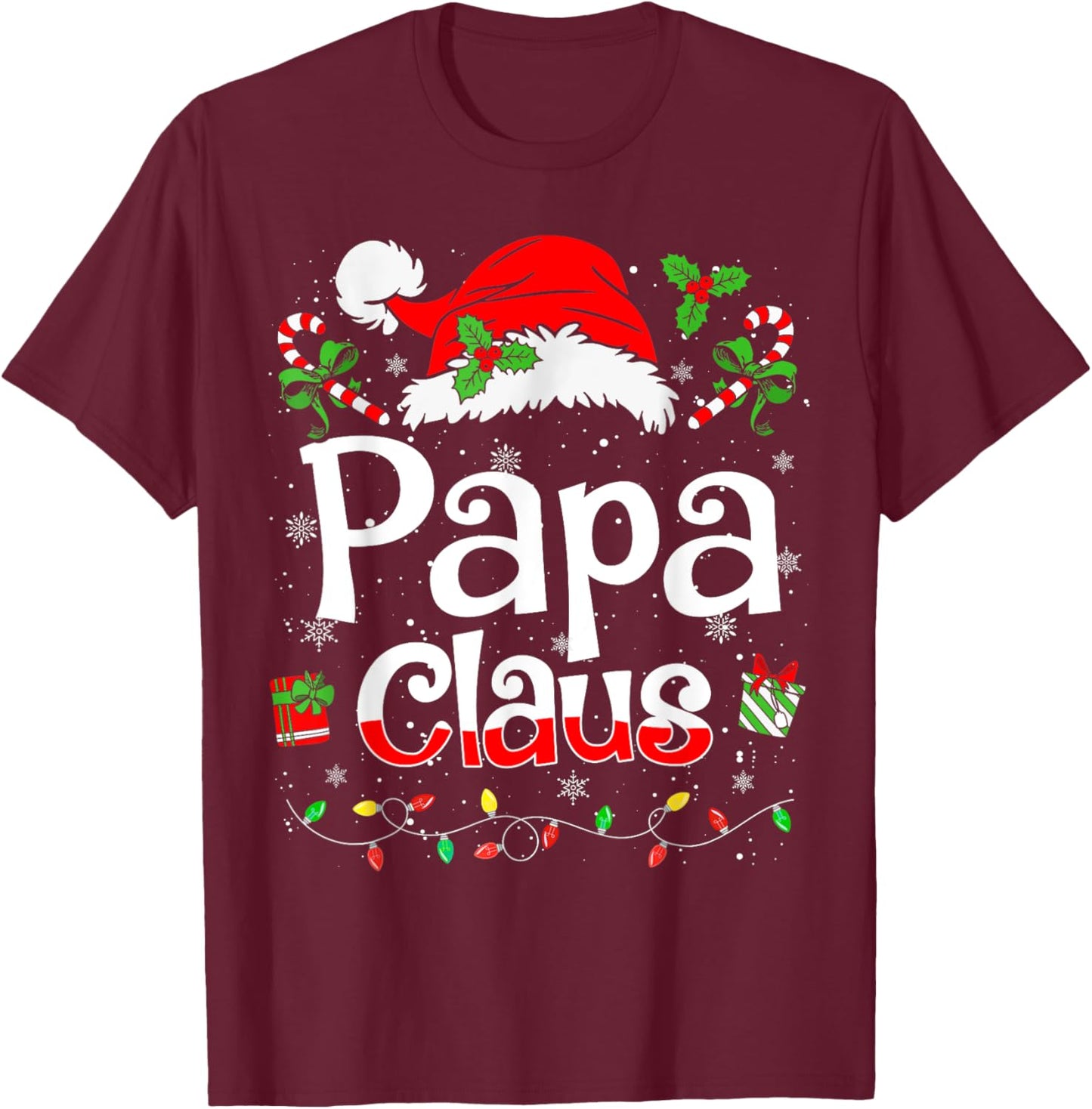 Papa Claus Shirt Christmas Lights Pajama Family Matching T-Shirt - T-Shirt | Maroon