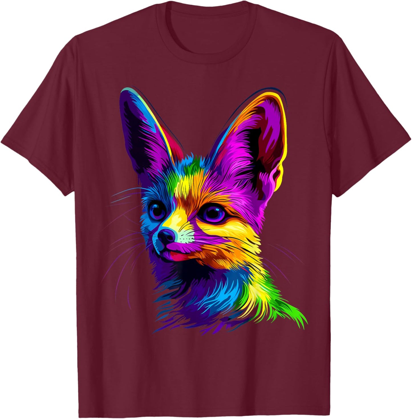 Colorful Fennec Fox Face Cute Animal Lover Men Women Black T-Shirt - T-Shirt | Maroon