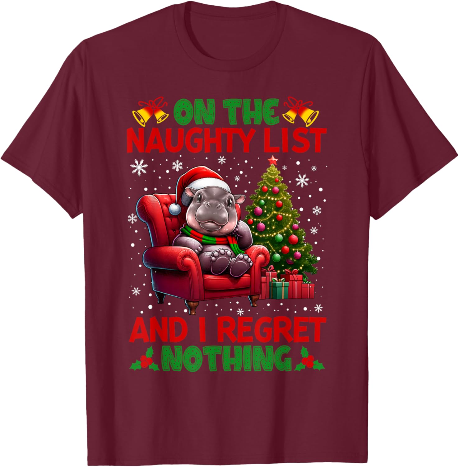 On The List Of Naughty And I Regret Nothing Moo Deng Xmas T-Shirt - T-Shirt | Maroon