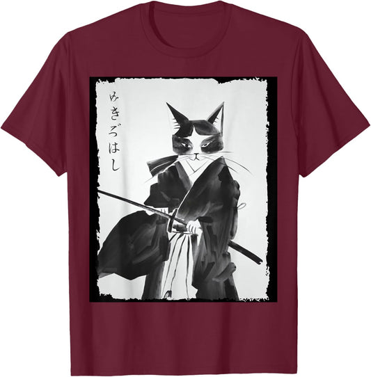 Cat Samurai Warrior Vintage Ukiyo-e Art Japanese Katana Men Women Kids T-Shirt - T-Shirt | Maroon