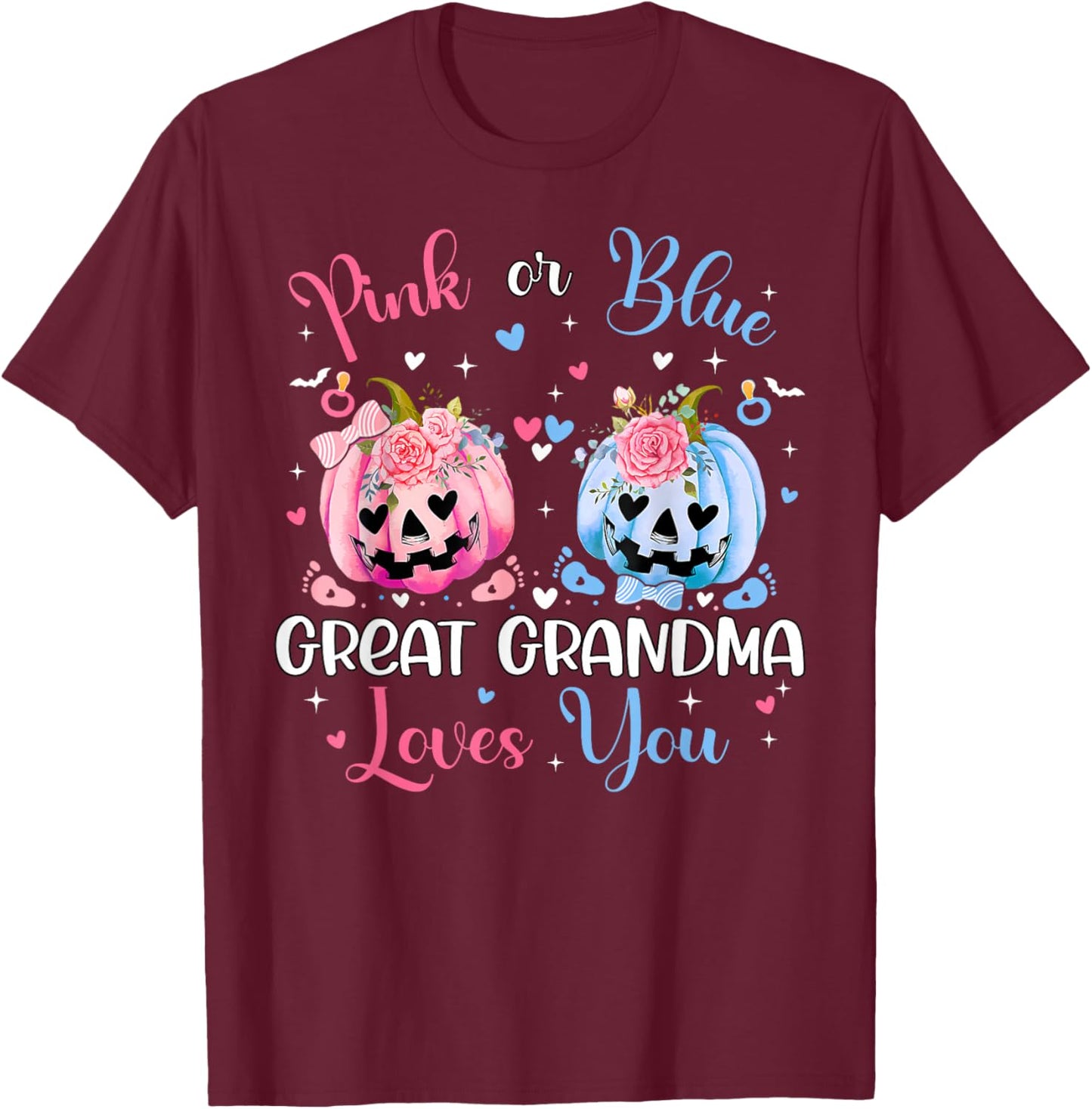 Pink or Blue Great Grandma Loves You Pumpkin Gender Reveal T-Shirt - T-Shirt | Maroon