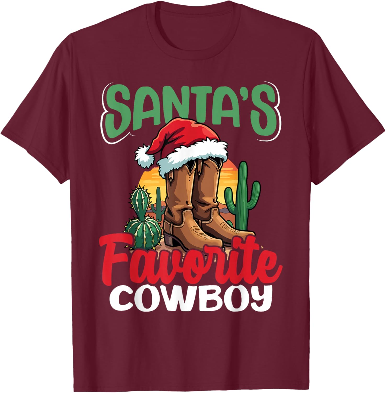 Santa's Favorite Cowboy Western Christmas Holiday T-Shirt - T-Shirt | Maroon