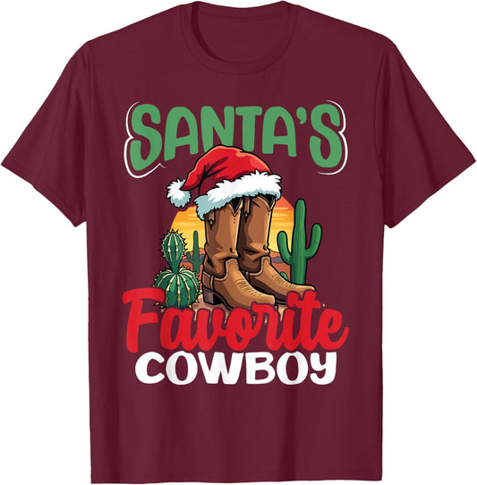 Santa's Favorite Cowboy Western Christmas Holiday T-Shirt - T-Shirt | Maroon