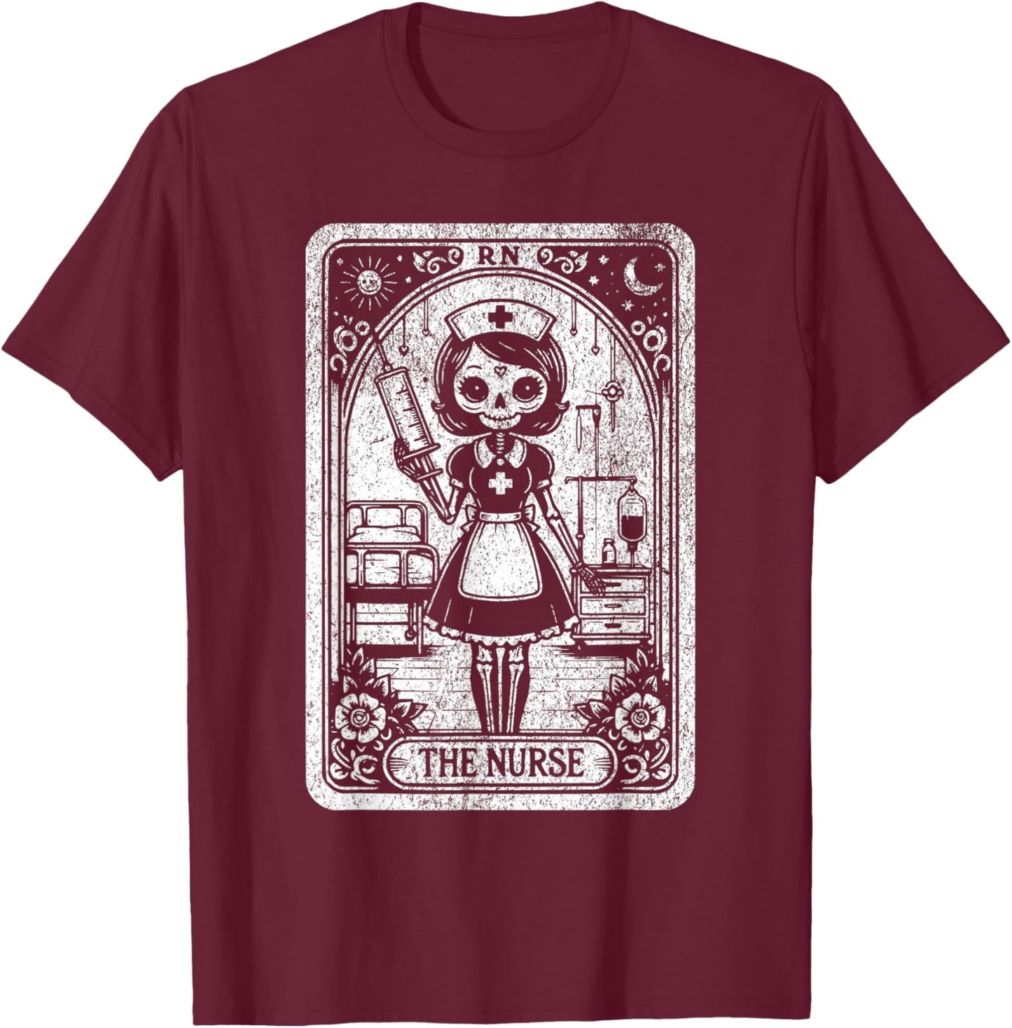 Funny Spooky Skeleton RN Nurse The Nurse Tarot Card Nursing T-Shirt - T-Shirt | Maroon